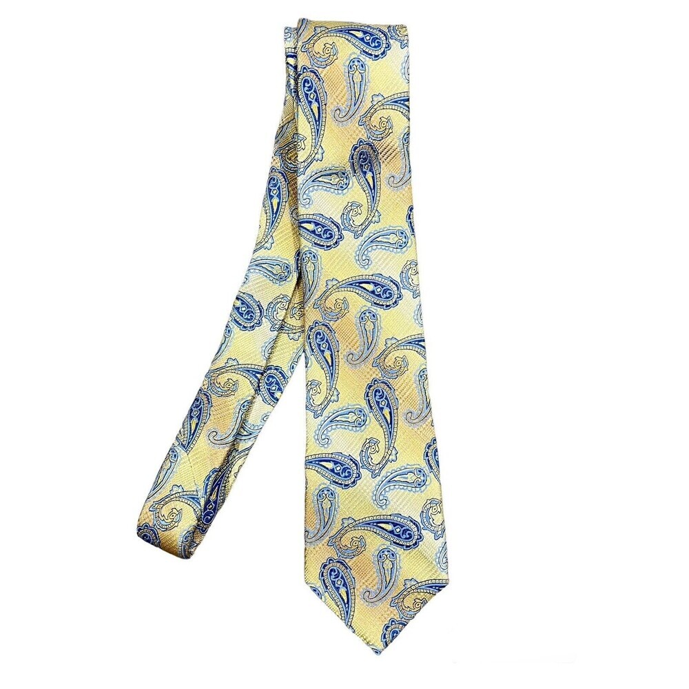 Bruno Piattelli Silk Neck Tie Hand‎ Made Paisley Designer Italy Gold Yellow Blue